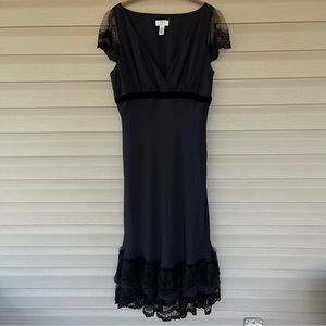 LOFT Black Silk Embroidered Lace Tiered Ruffle Scalloped Evening Dress Size 14